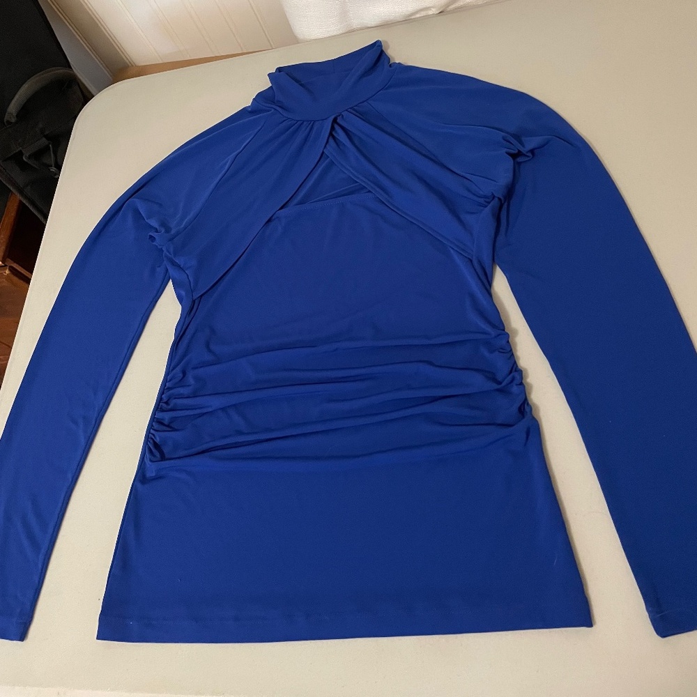 MODA International Blue Long Sleeve Cutout Stretch Top with Mock Neck Size L